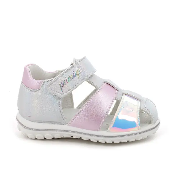 Baby Girl Iridescent Silver and Pink Leather Sandals with Holographic Detail Image