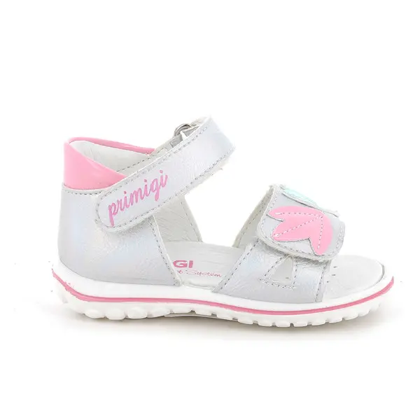 Baby Girl Silver Shimmer Leather Sandals with Pink Accents and Butterfly Detail Image