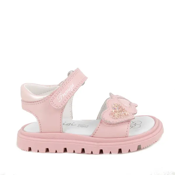 Baby Girl Pink Leather Sandals with Glitter Heart Appliqués and Scalloped Detail Image