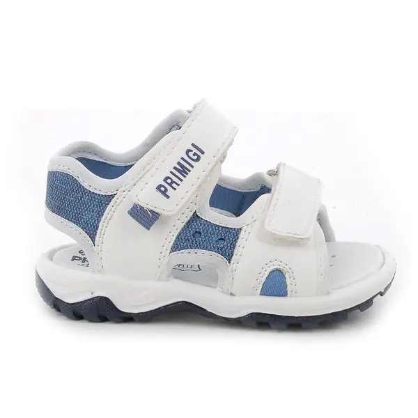 Baby Boy White and Blue Sport Sandals with Double Hook-and-Loop Straps Image