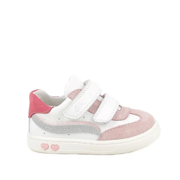 Baby Girl White and Pink Leather Sneakers with Double Hook-and-Loop Straps and Heart Detail Image