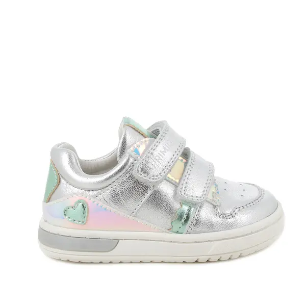Baby Girl Metallic Silver Sneakers with Iridescent Heart Detail Image