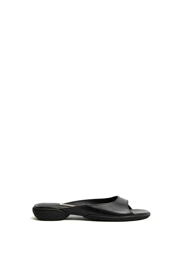 Black Leather Peep-Toe Flat Slide Image