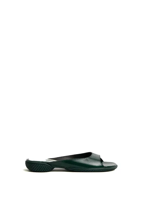 Green Leather Peep-Toe Flat Slide Image