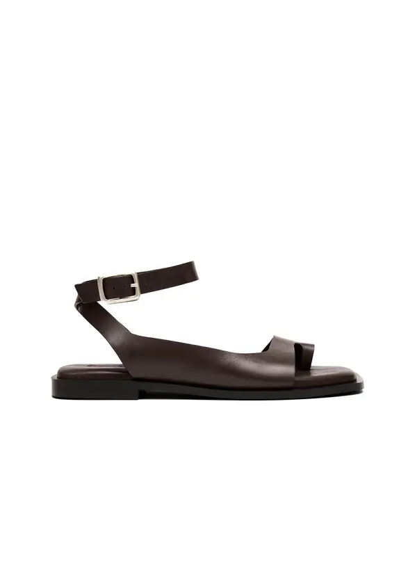 Leather Flat Sandals with Ankle Strap and Toe Loop