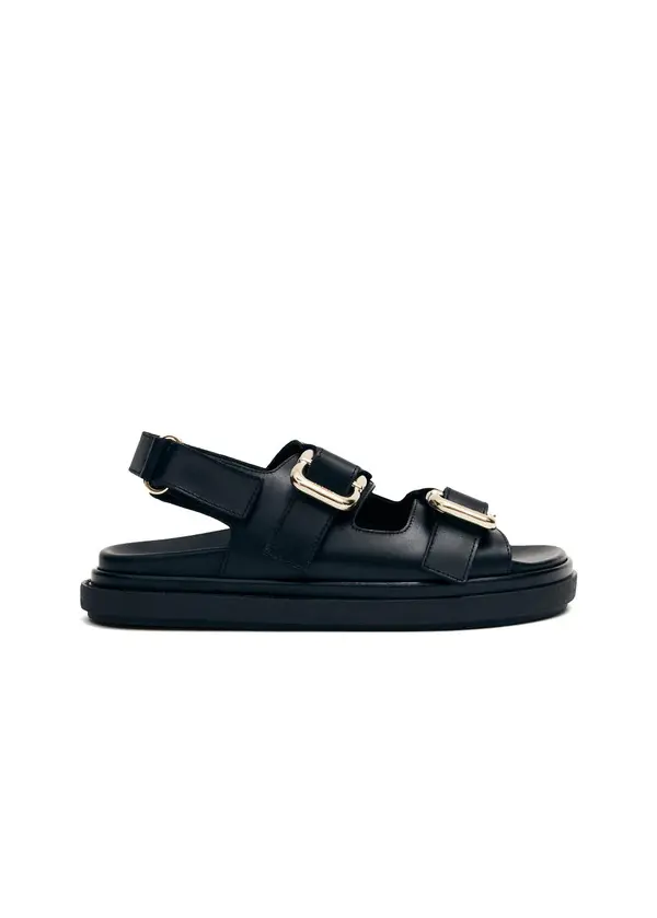 Leather Chunky Sandals with Gold Buckles and Slingback Strap