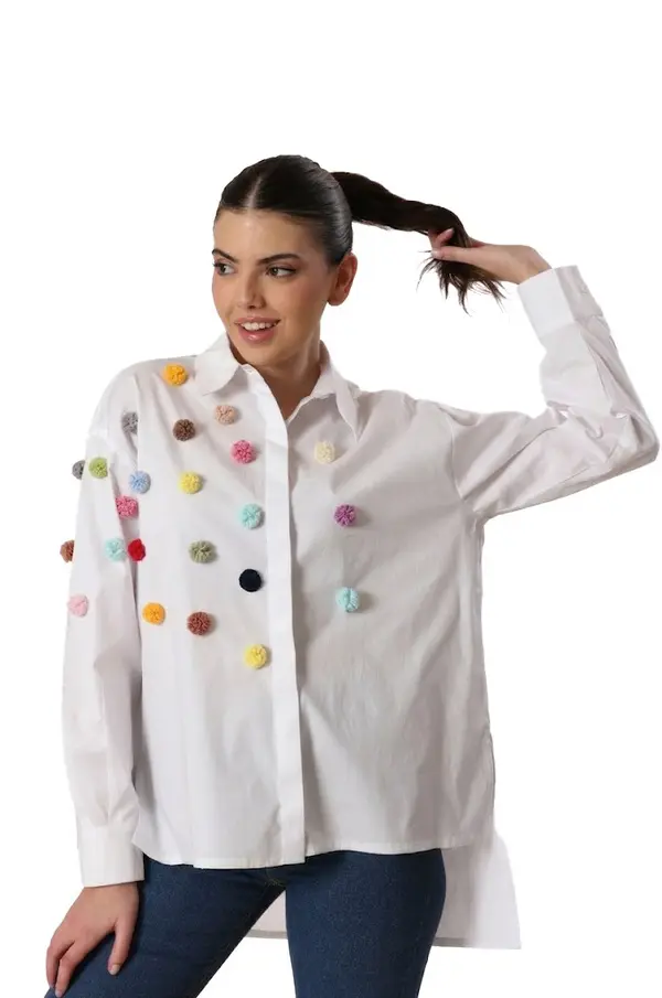 White Lycra Linen Chemise With Colors Pompoms