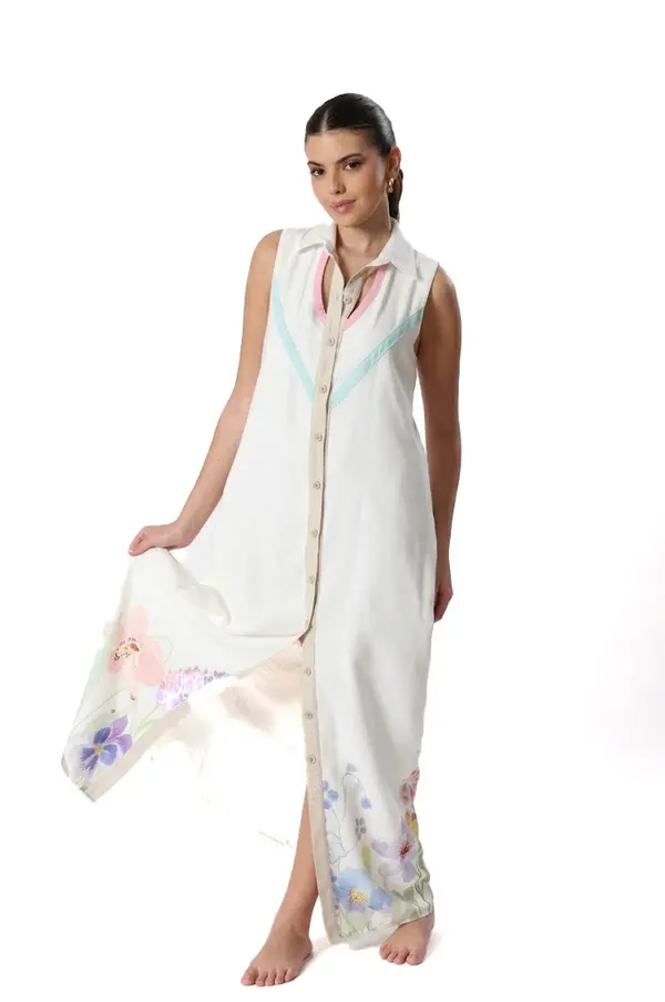 Linen White Dress With Flowers Image