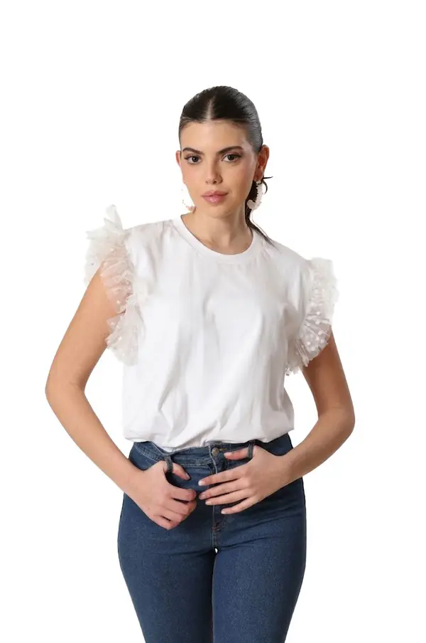 Cotton T-Shirt With Tulle Sleeve