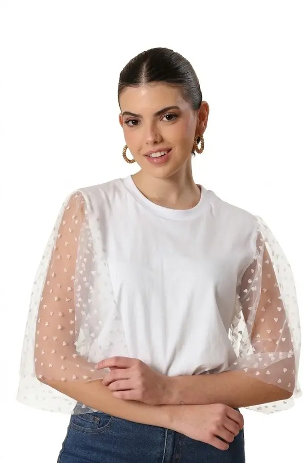 White Cotton Top With Hearts Tulle Sleeve