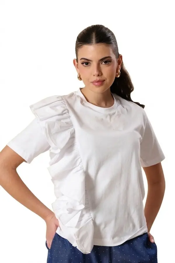 Short Sleeve Cotton Top With Ruffles Details