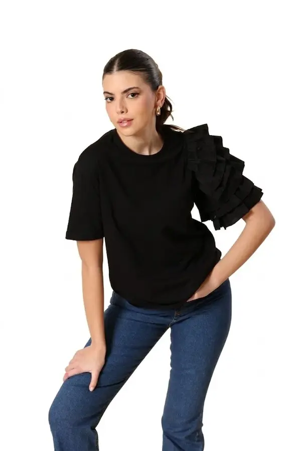 Short Sleeve Cotton Shirt With Ruffle Sleeve Image