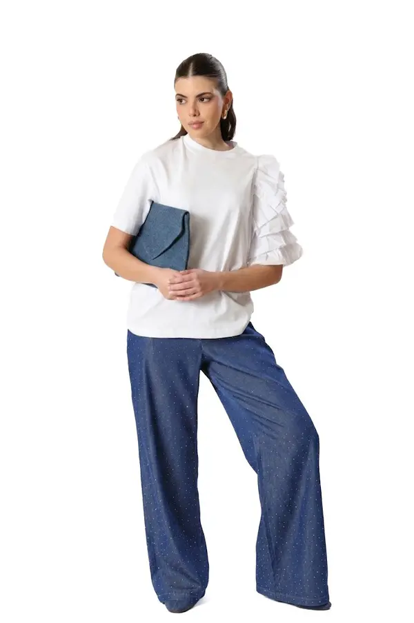 Short Sleeve Cotton Shirt With Ruffle Sleeve