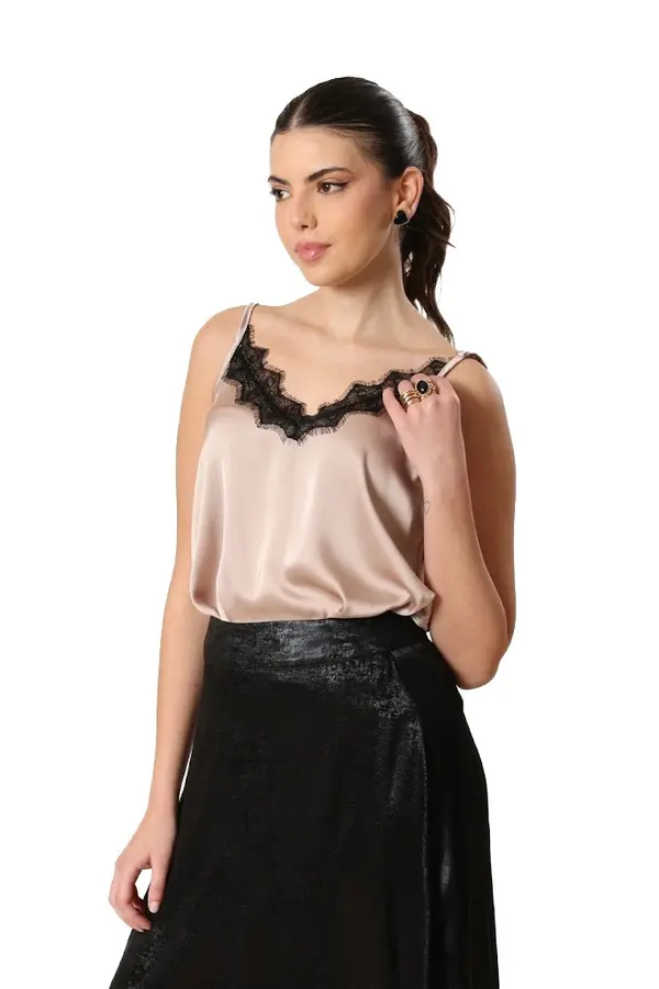 Satin Tank Top With Thin Adjustable Straps And Black Dentelle