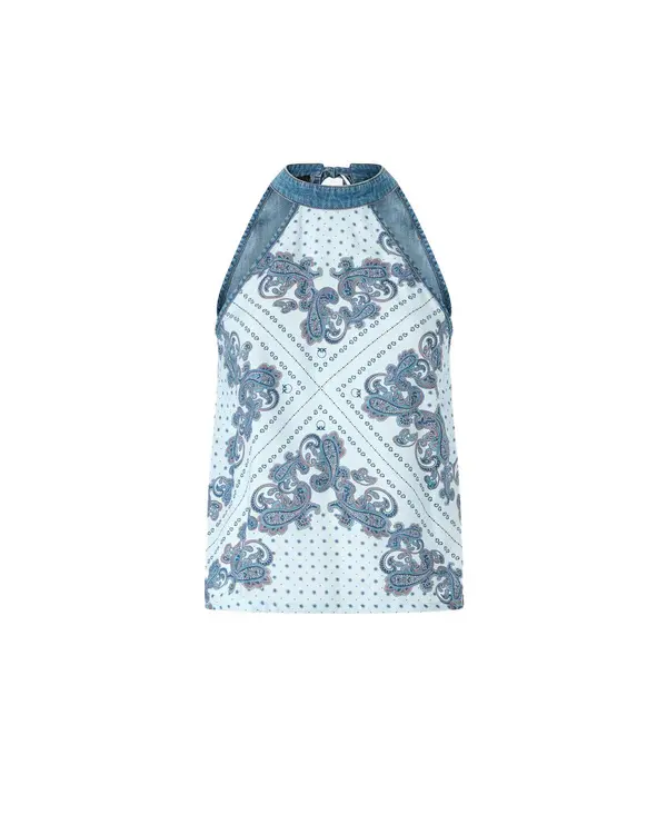 Sleeveless Denim Top With Scarf Print