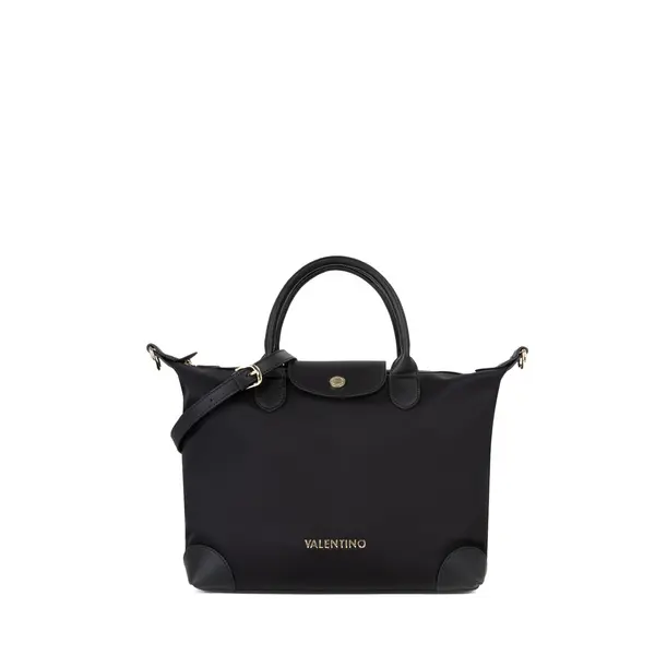 Nylon Handbag with Grained Leather Trim and Logo Canvas Strap Image