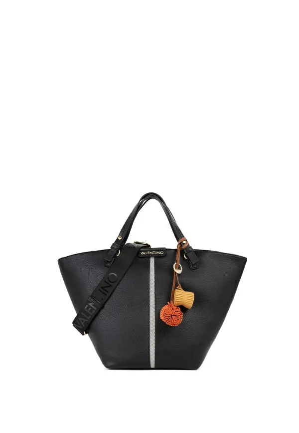 Grained Leather Trapezoid Medium Tote Bag with Logo Webbing Strap and Charms Image
