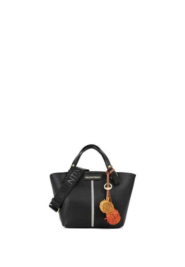 Grained Leather Trapezoid Small Tote Bag with Logo Webbing Strap and Charms Image