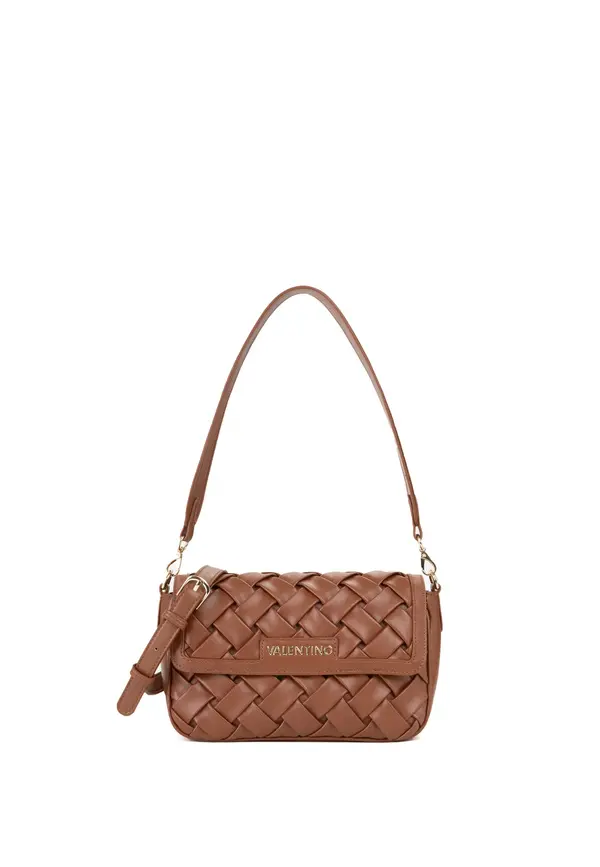 Woven Leather Crossbody Bag with Flap and Gold Hardware