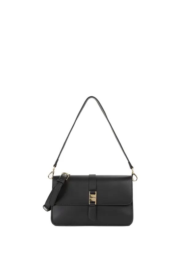 Large Leather Baguette Shoulder Bag with Gold Buckle Clasp Image