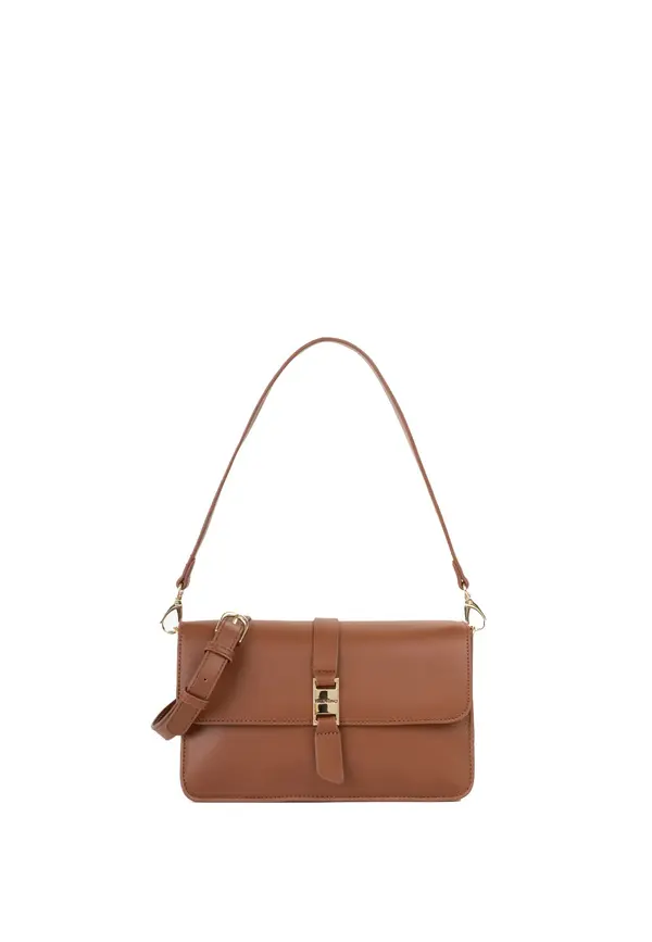 Large Leather Baguette Shoulder Bag with Gold Buckle Clasp