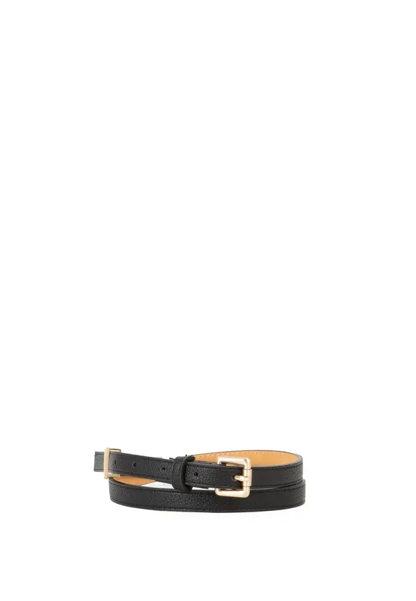 Grained Leather Skinny Belt with Gold V-Logo Detail Image