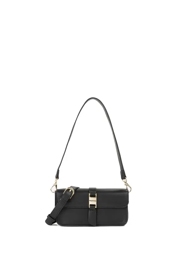 Small Leather Baguette Shoulder Bag with Gold Buckle Clasp