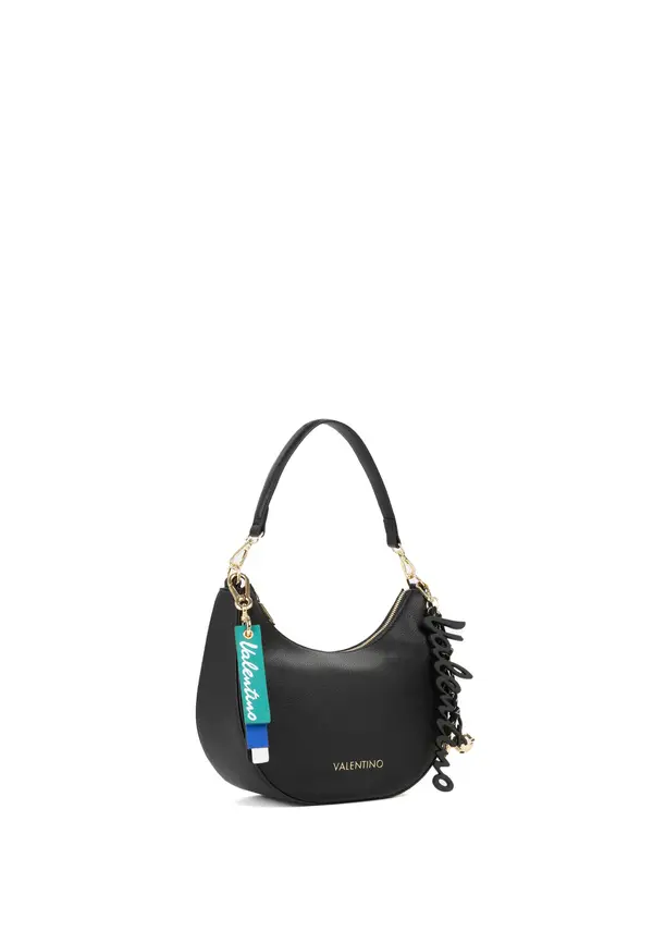 Leather Crescent Shoulder Bag with Charm Details and Gold Hardware