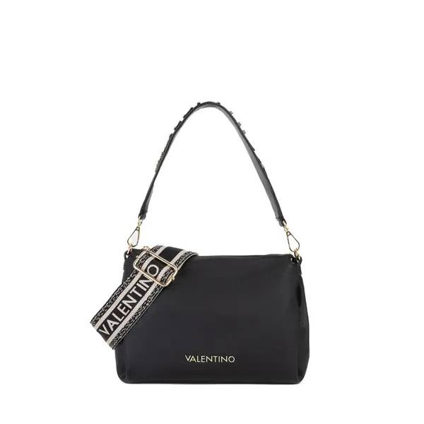 Leather Shoulder Bag with Studded Logo Handle and Webbing Crossbody Strap and Gold Hardware