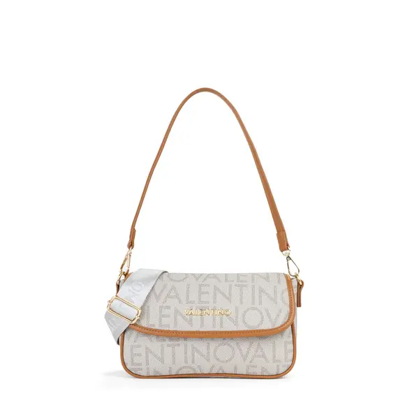 Monogram Print Flap Shoulder Bag with Tan Trim and Logo Canvas Strap Image