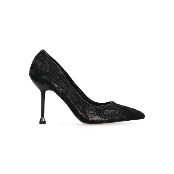 Intricate Floral Lace Pumps with Silver-Tipped Heels