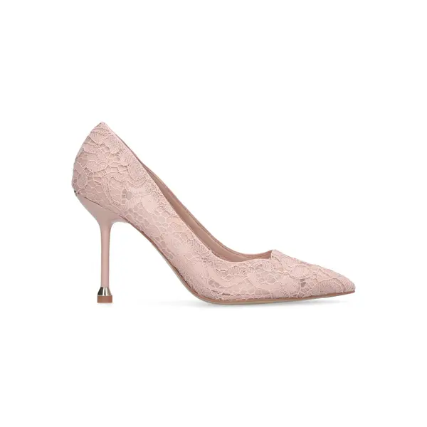 Intricate Floral Lace Pumps with Silver-Tipped Heels Image