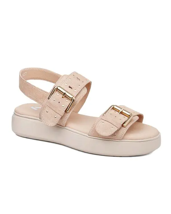 Suede Studded Double-Buckle Platform Sandals