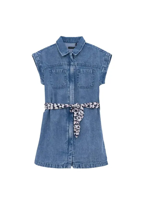  Denim Dress with Printed Belt