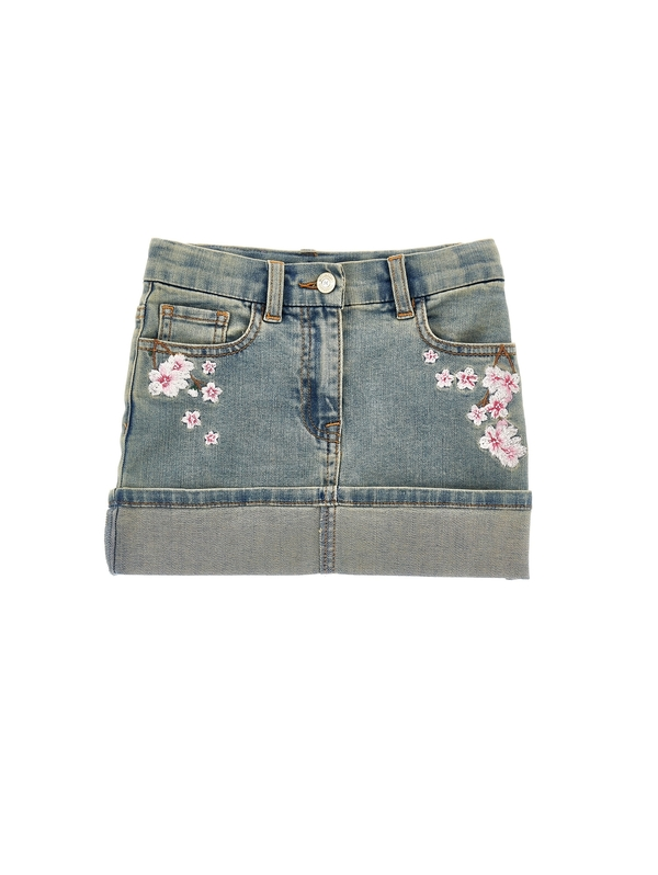  Peach Flower Embroidered Denim Miniskirt