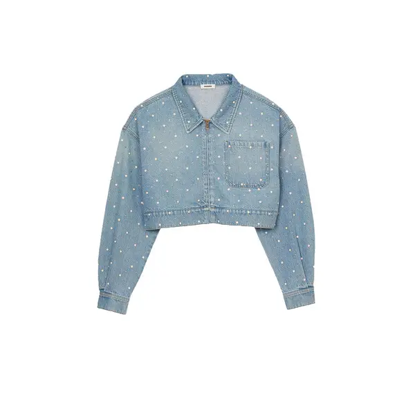 Cropped Denim Jacket with Rhinstones