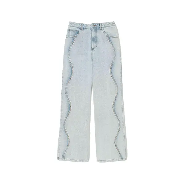 Wide Leg Faded Jeans with Rhinstone Stripes