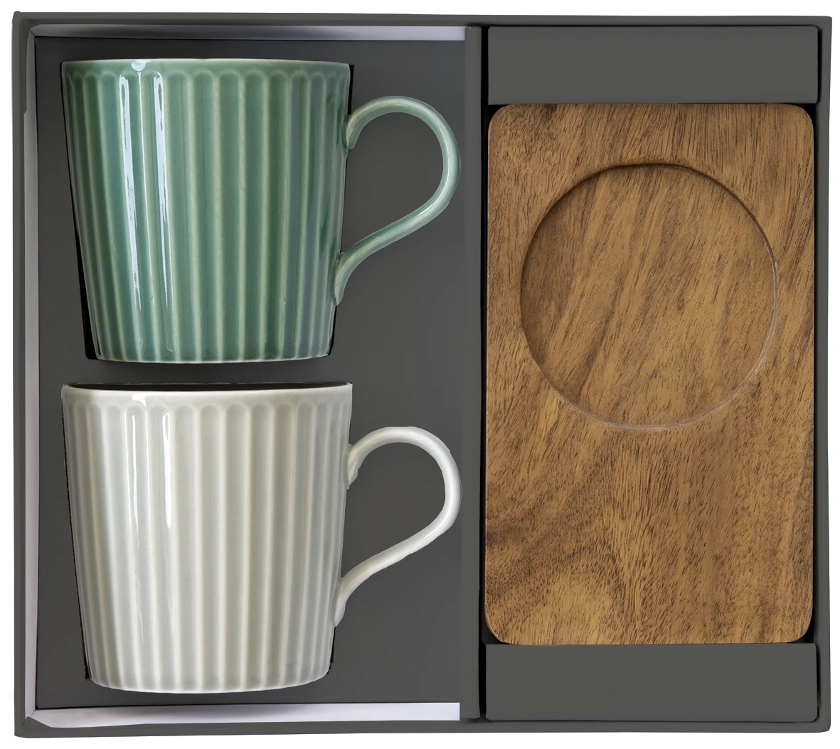  Set Of 2 - Porcelain Mugs 380ml With Acacia Saucers In Gift Box  Gallery