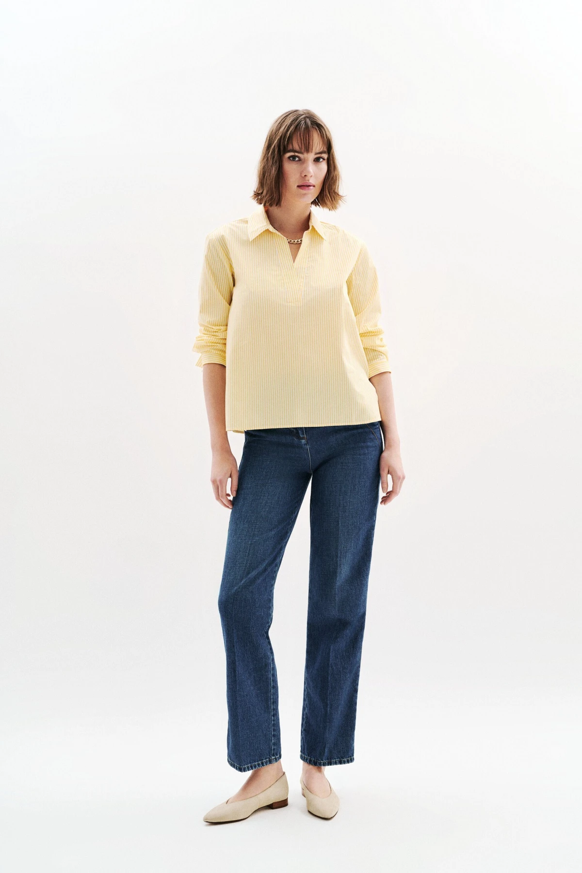 Striped Cotton Long Sleeve Collarless Shirt Gallery