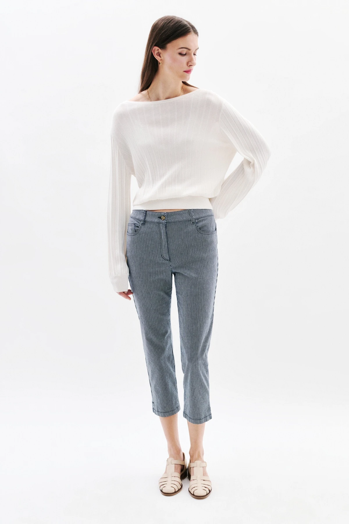 Slim Fit Striped Capri Trousers Gallery