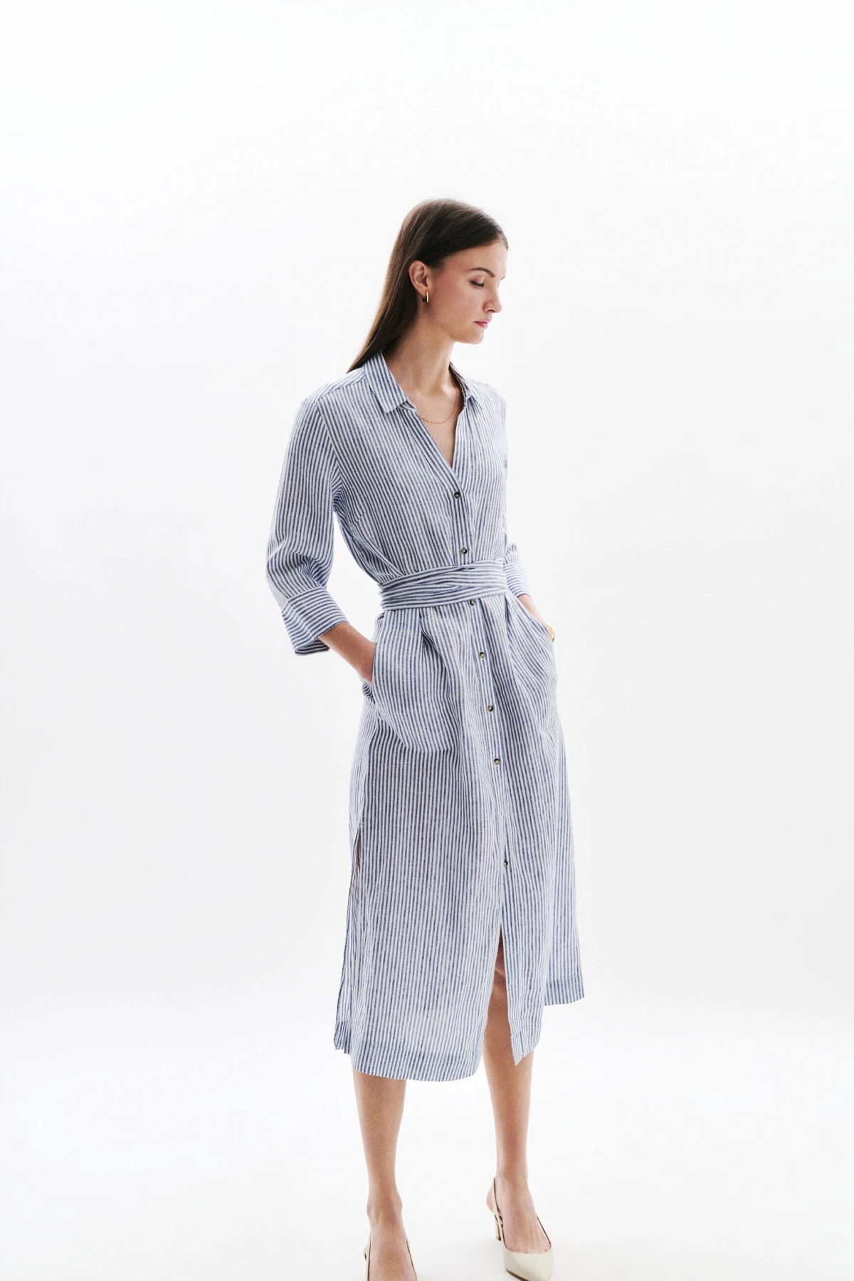 Three-Quarter Sleeve Striped Button-Down Dress Gallery