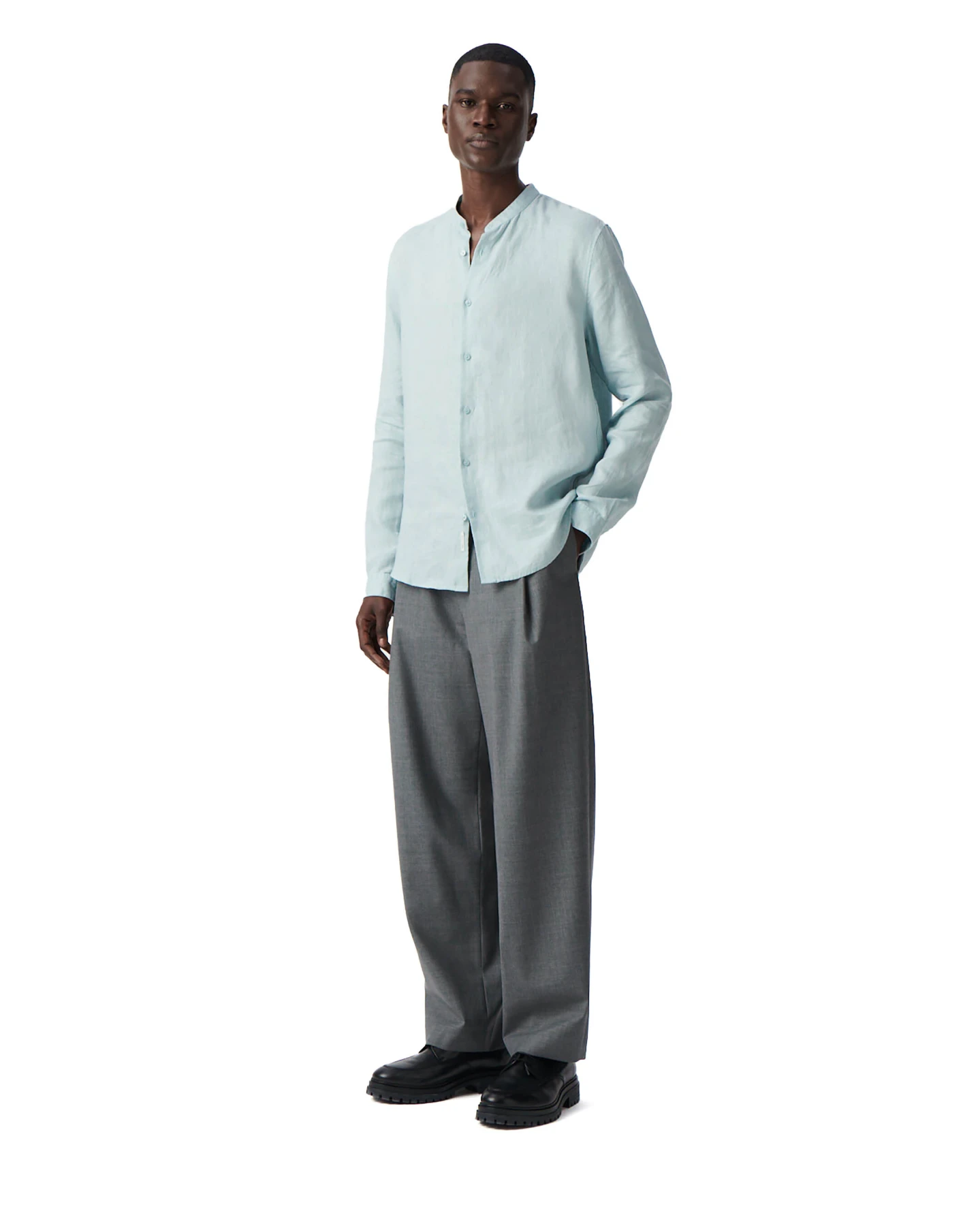 REGULAR chalk Mandarin collar linen shirt Gallery