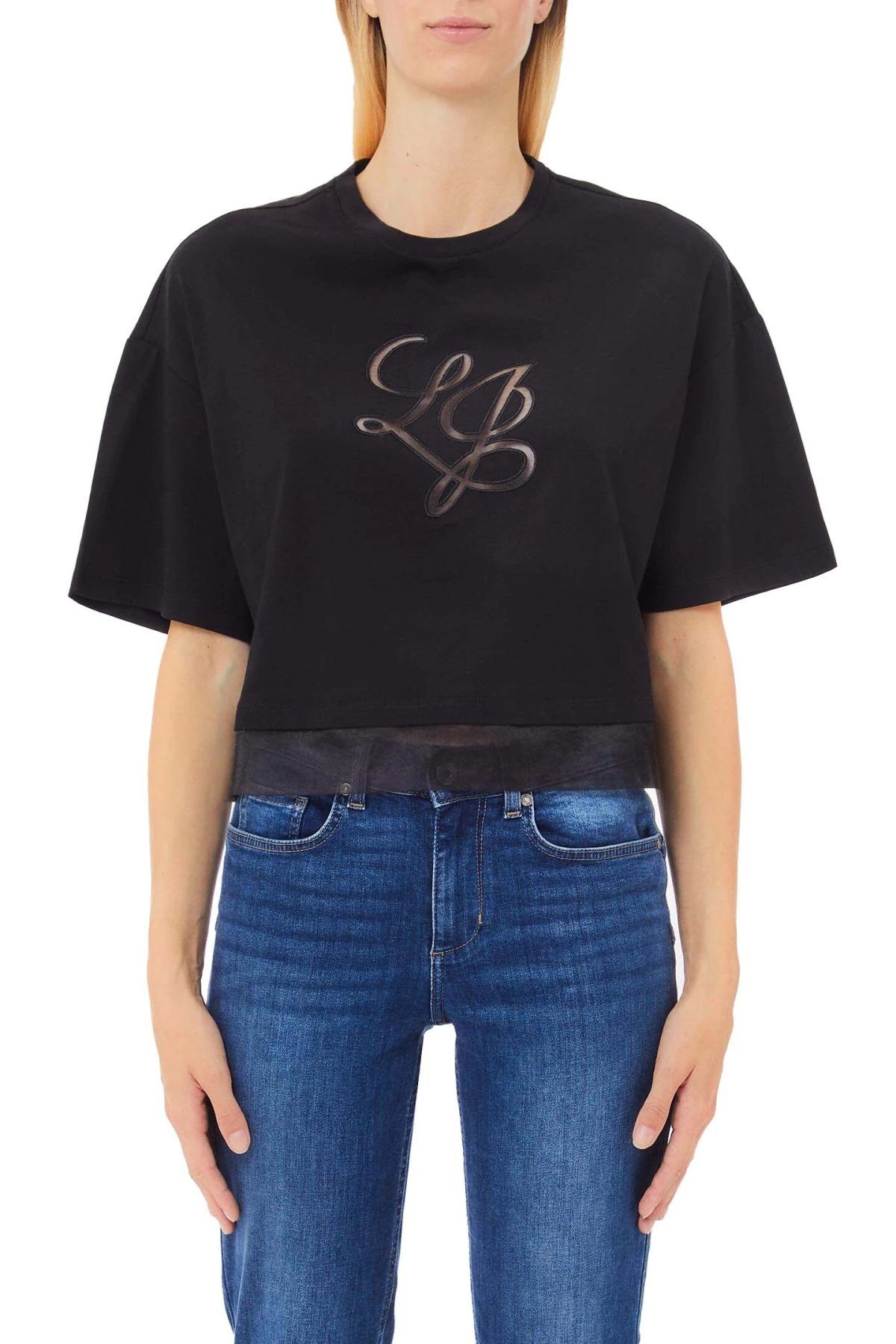 Embroidered LJ lettering with organza T-shirt Gallery