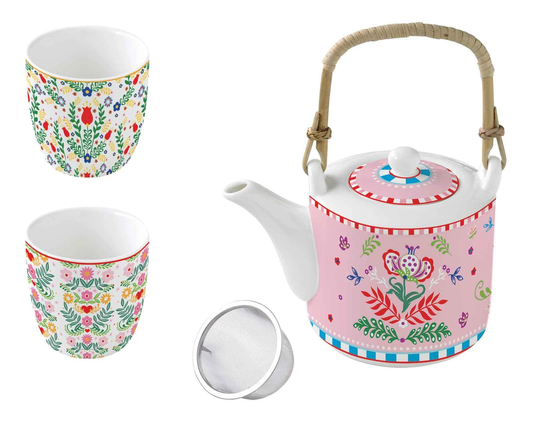 Porc.teapot 600 ml with metal infuser and 2 cups Gallery