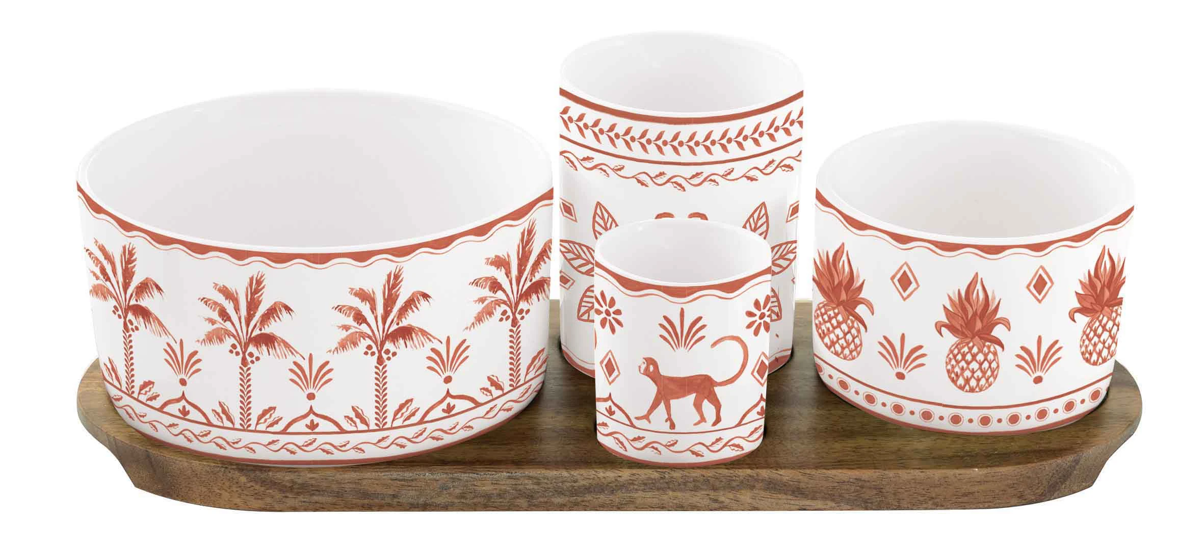 Appetizer set 29x13 w/4 porcelain round bowls on acacia tray in color box EXOTIC Gallery