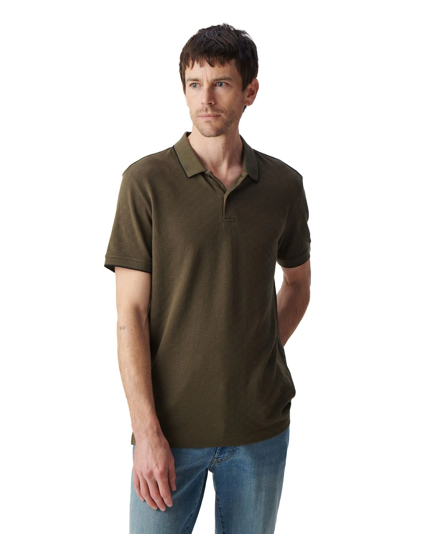 organic cotton polo shirt with checkerboard jacquard knit Gallery