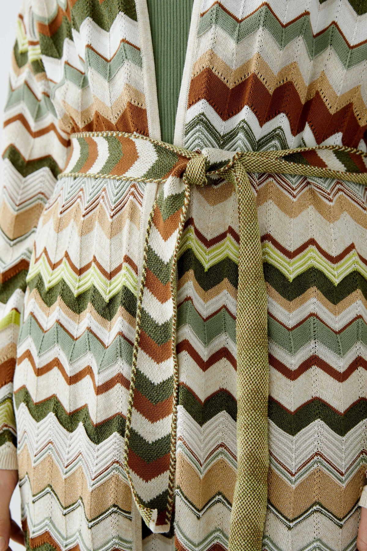 Multi-Colored Chevron Knit Belted Long Cardigan
 Gallery