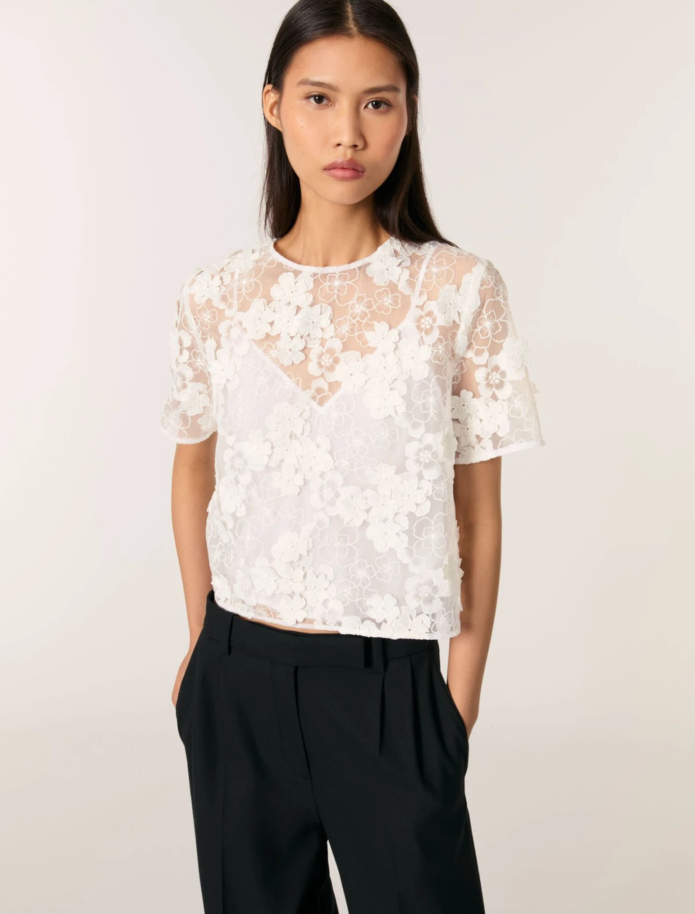 Flower embroidery Semi-sheer top Gallery