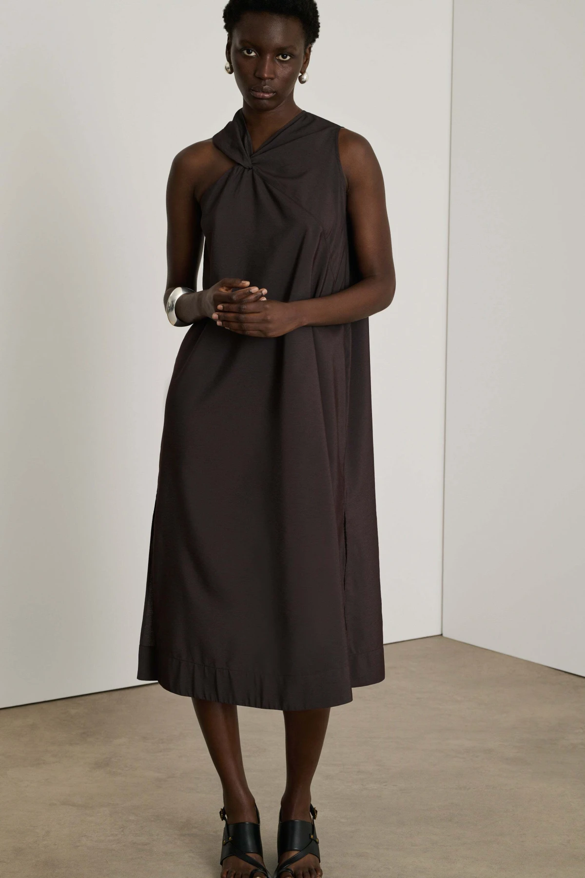 Asymmetrical straight-cut with front knot midi dress Gallery