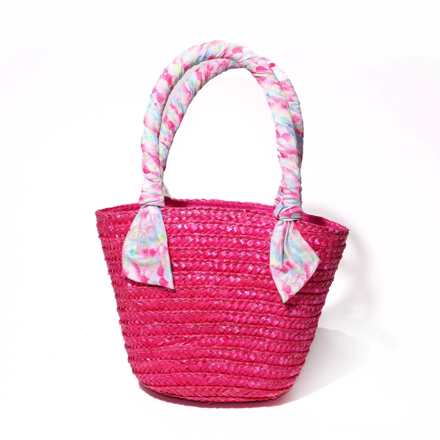 Woven Tote Bag with Multi-Colored Fabric Wrapped Handles - SIRENA Gallery